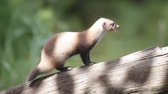 Wild marten walking along a fallen log in forest