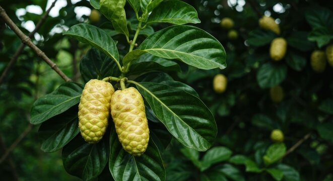 Close-up of noni fruit and leaves on a tree branch, vibrant foliage