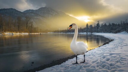 Mute swan walking along snowy mountain lake shore at sunrise - Powered by Adobe