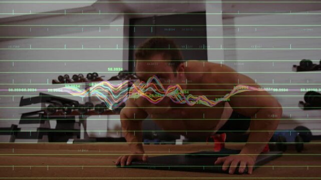 Fitness trainee performing push-ups, lowering chest causing waveform and grid pulsing over chest