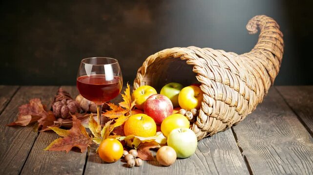 Cornucopia spilling autumn fruit and wine on rustic wooden table