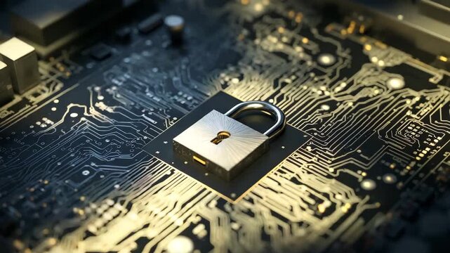 Padlock on circuit board symbolizing cybersecurity and data protection