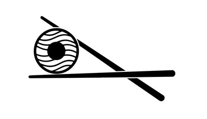 A striking black and white logo design featuring a stylized circular sushi roll with a wavy internal texture and solid center, resting elegantly between two crossed chopsticks