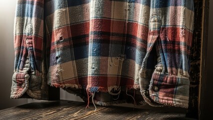 Worn plaid shirt, frayed edges, distressed fabric hanging on rustic wood. This worn plaid shirt displays rugged texture, vintage appeal, showing unique imperfections.
