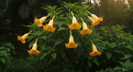 Cluster of vibrant, trumpet-shaped yellow flowers against lush greenery