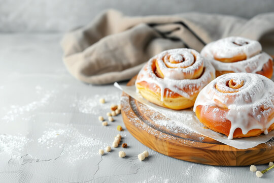 cinnabon buns on table, selective focus