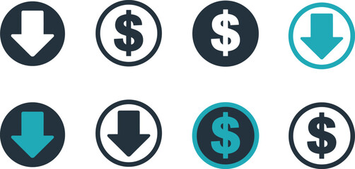 collection of finance and price decrease icons showing dollar signs and downward arrows