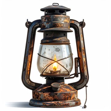 Rusty old lantern with flame inside globe