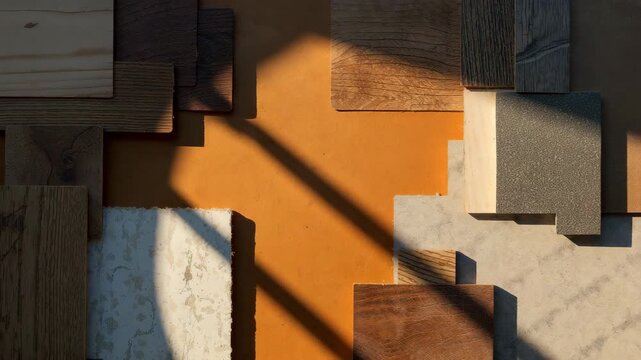 Sunlight sweeping over wood and stone material samples on tabletop with copy space