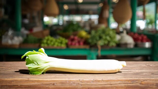 Fresh bok choy on wooden table at busy farmers market