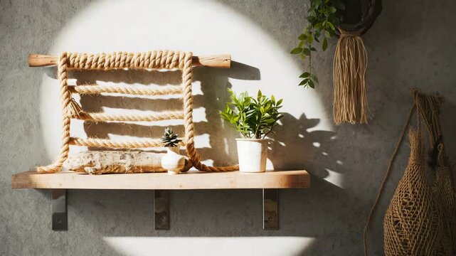 Time-lapse sunlight moving across boho shelf with potted plant in cozy interior