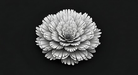 A symmetrical, digitally rendered flower with multiple layers of white, petal-like structures, set against a dark background