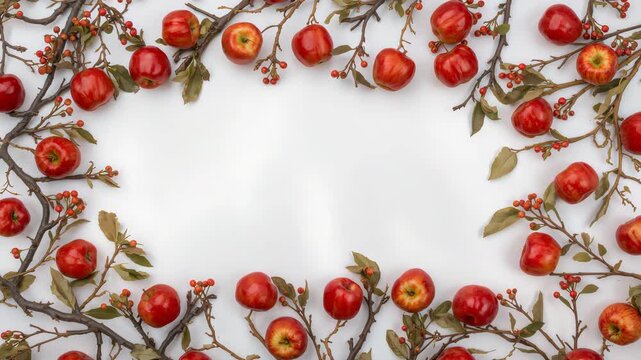 Autumn apple and berry flat lay border on white background with copy space