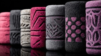 Medium shot capturing textured custom bottle closures with intricate patterns stamped for a tactile premium packaging experience.