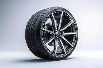 Fototapeta premium sleek car wheel with a black alloy rim showcasing modern automotive design and luxury wheel detail through a glossy metallic finish and high-performance style