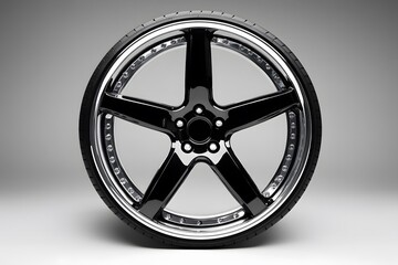 Fototapeta premium sleek car wheel with a black alloy rim showcasing modern automotive design and luxury wheel detail through a glossy metallic finish and high-performance style