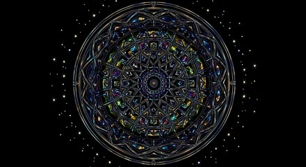 A symmetrical, intricate design featuring overlapping geometric shapes and radiating patterns with a dark backdrop