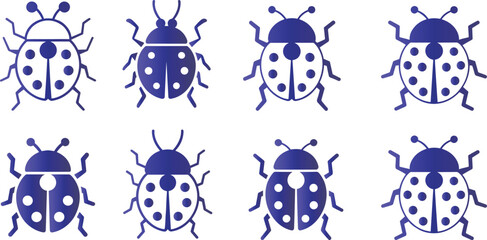 collection of eight simple blue ladybug illustrations presented in a grid format on a white background