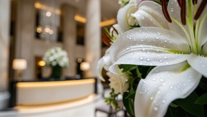 Lobby of Elegance: A luxurious hotel lobby, artfully adorned with pristine white lilies and a reception desk, exuding an air of sophistication and tranquility.