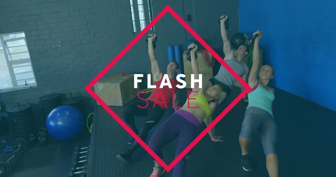 4 exercisers bridging and pressing weights in gym while red FLASH SALE diamond animating over frame