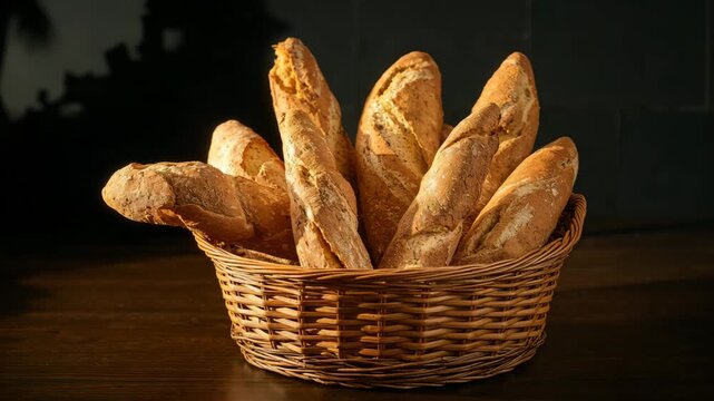 Wicker basket of fresh baguettes on wooden table in rustic kitchen