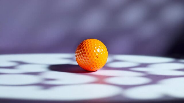 Orange dimpled golf ball on studio surface with patterned gobo lighting