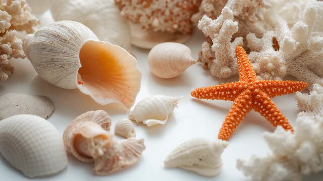 Slow pan over assorted seashells and orange starfish on white background
