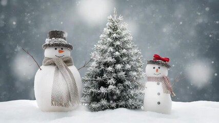 Two snowmen by a decorated fir tree with falling snow in winter landscape - Powered by Adobe
