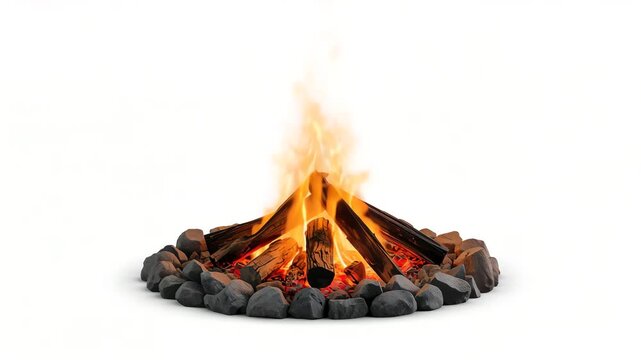 Burning campfire in stone fire pit on white background for loopable use
