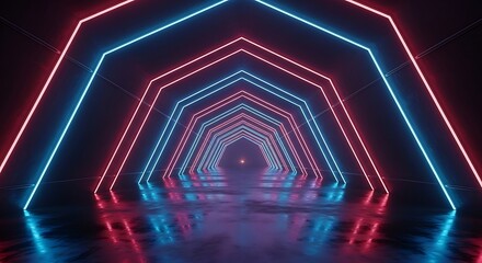 A symmetrical tunnel with layered, hexagonal neon lights in red and blue, reflecting on a wet, dark floor