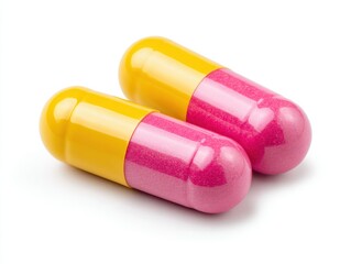 Dietary supplement, Pink and Yellow Collagen capsules isolated on white background
