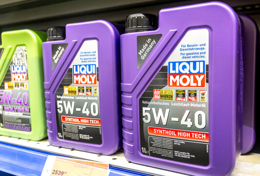 Liqui Moly motor oil in plastic canisters on the shelf at a superstore
