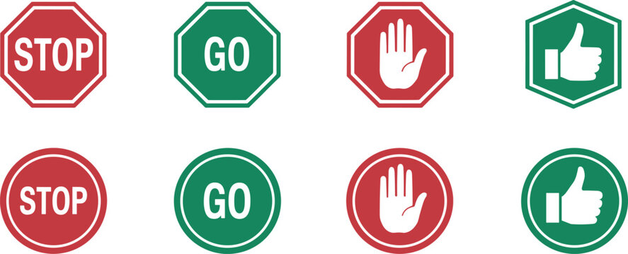 stop and go symbols in various shapes and forms stop, go, sign, icon, symbol, red, green.