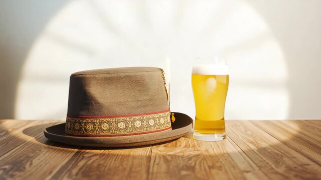 Vintage fedora and beer glass on wooden table with moving sunlight