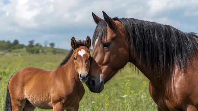 Mare nuzzling foal in sunlit meadow close-up of horse family