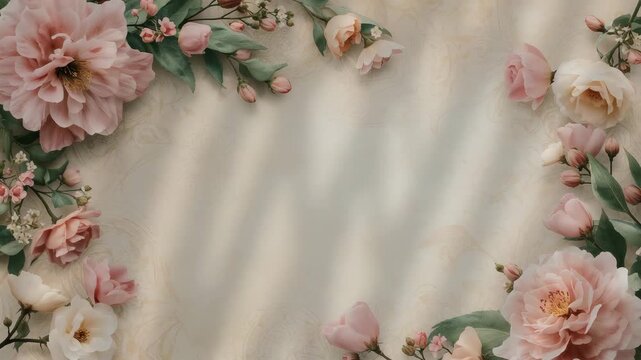 Elegant pastel floral frame with soft moving light and copy space