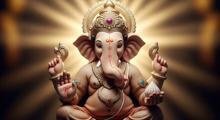 Fototapeta premium Divine Ganesha. Golden Sheen Light Particles 4K Wallpaper.