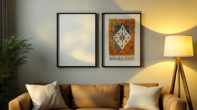 Warm lamp turning on in cozy modern living room with sofa and wall art