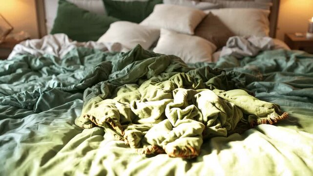 Sunlight moving across rumpled green bed in cozy bedroom