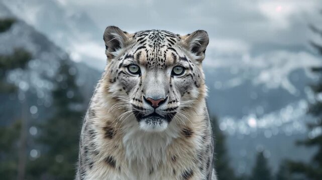 Snow leopard close-up portrait in snowy mountain habitat with intense stare