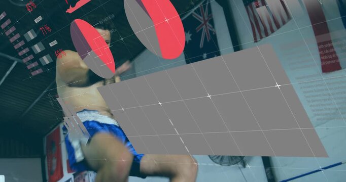 Male fighter shifting weight and initiating drill in ring, HUD graphics sweeping across fighter