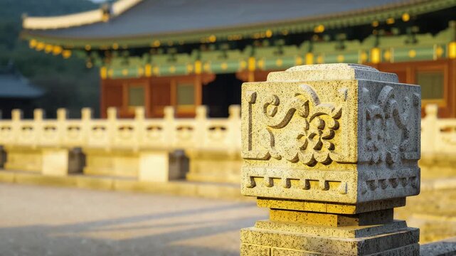 Sunlit carved stone baluster in traditional temple courtyard at golden hour