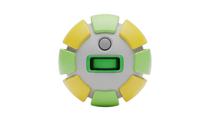 Circular object with alternating yellow and green segments and a central green screen display isolated on a black background showcasing futuristic technology