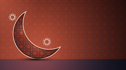 Islamic background with islamic pattern on crescent moon and red ornamental background