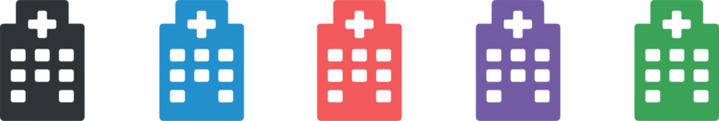 Fototapeta premium Set of five colorful hospital building icons for healthcare hospital, icon, medical, healthcare, clinic and medical applications