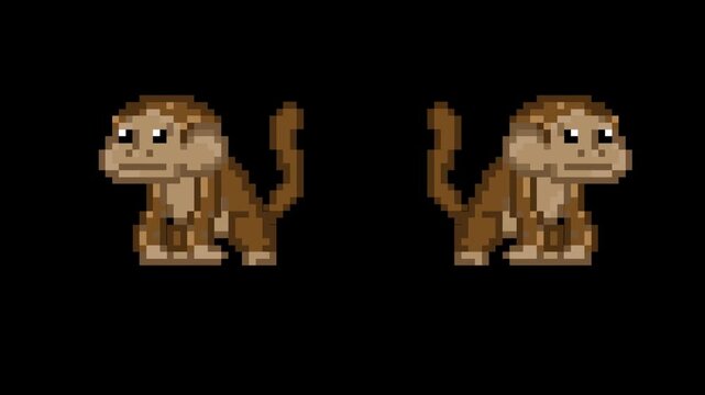 Pixel art style animation with two monkeys moving on a black background, art, vintage.