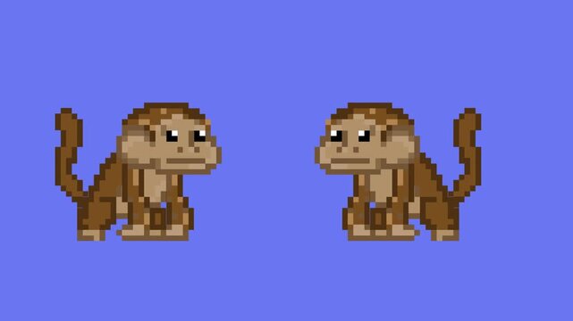 Pixel art style animation with two monkeys moving on a blue background, art, 2D.