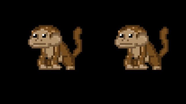 Pixel art style animation with two monkeys moving on a black background, art, vintage, 2D.