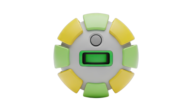 Circular object with alternating yellow and green segments and a central green screen display isolated on a black background showcasing futuristic technology - Powered by Adobe