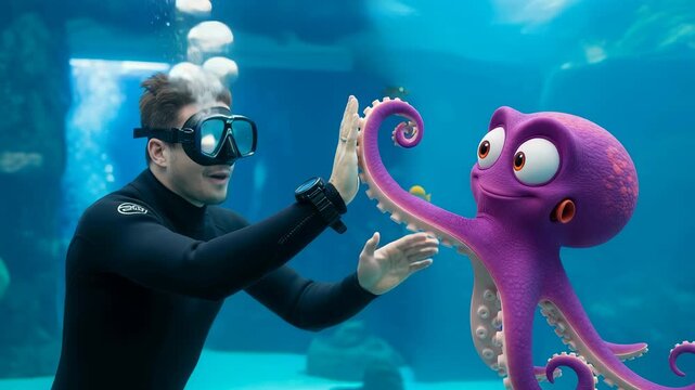 Cartoon octopus wiggling tentacles and diving encounter with friendly high five
